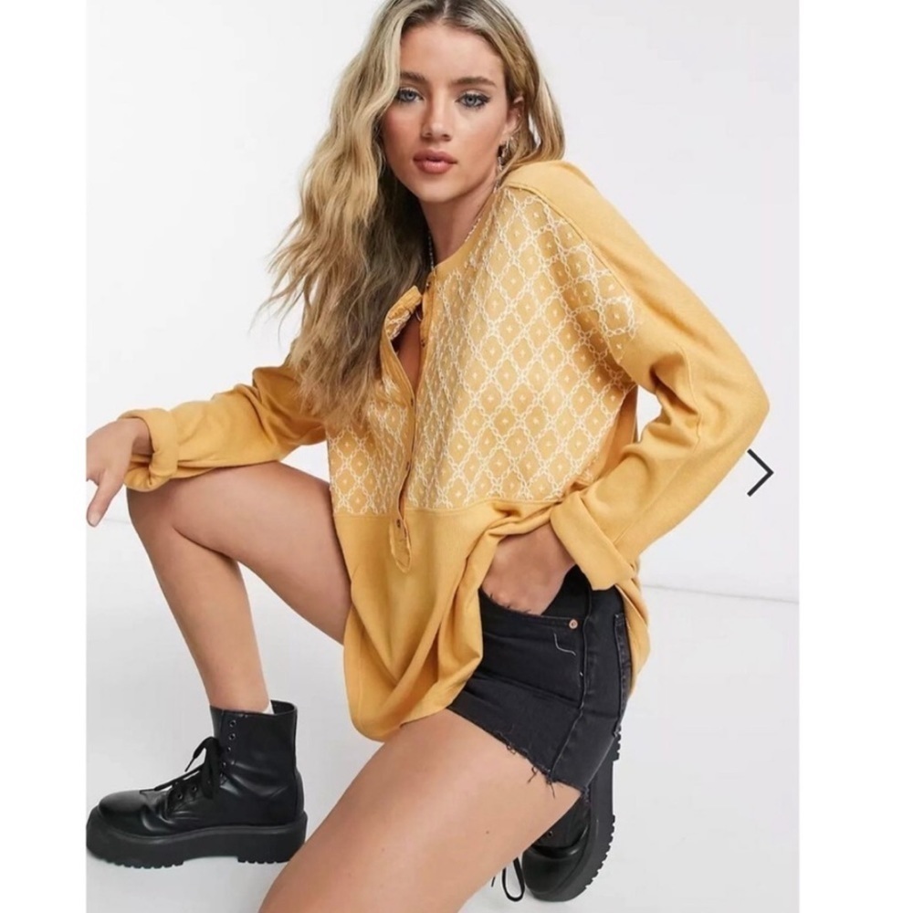 Free People Free Spirit Marigold Embroidered Henley Shirt
